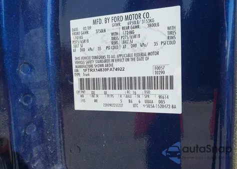 2009 Ford F-150 Stx/Xl/Xlt z USA, uszkodzony, nr VIN 1FTRX14839FA74922